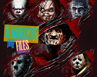 6 skräckkaraktärer PNG-paket | Halloween-filmer PNG-filer | Spöklika PNG | Halloween-skräckkaraktärer | Skräckfilmssublimering 300 dpi