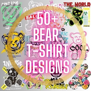 Puede incluir: Imagen promocional de más de 50 diseños de camisetas de osos. Los diseños presentan varios estilos, incluyendo osos de dibujos animados, arte de graffiti y patrones florales. La paleta de colores incluye rosa, negro, amarillo y verde, con superposiciones de texto.
