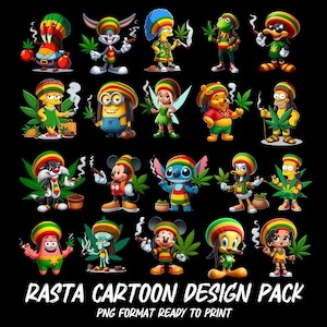 Peut inclure: Une collection de personnages de dessins animés, dont Bugs Bunny et Bart Simpson, vêtus de tenues Rasta, tenant des feuilles de cannabis et fumant. L'ensemble de motifs est intitulé "Rasta Cartoon Design Pack" en texte blanc.
