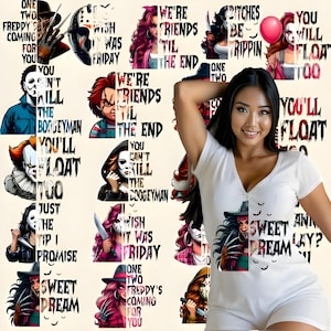 May include: White romper with a V-neck featuring a graphic of horror movie characters and text. The background displays various horror-themed graphics with phrases like "You'll Float Too" and "Sweet Dream".