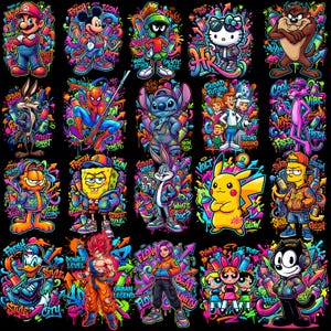 Peut inclure: Une collection d'art graffiti coloré représentant divers personnages de dessins animés, dont Mario, Mickey Mouse et Hello Kitty. Chaque personnage est illustré avec des arrière-plans vibrants de style aérosol et des éléments textuels, créant une esthétique audacieuse et urbaine.