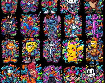 26 tecknade t-shirts PNG och 26 mockup-paketfiler | Barnkaraktärsdesign | Rolig tecknad sublimeringskonst | Digitala utskrivbara filer med 300 DPI