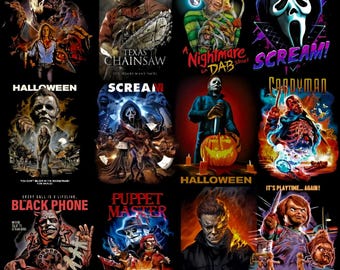 35 Halloween-skräckanime-PNG-halvtonspaket | Läskiga t-shirtdesigner | Kusliga tecknade skräckfigurer | Sublimering och DTF-konst | 300 DPI