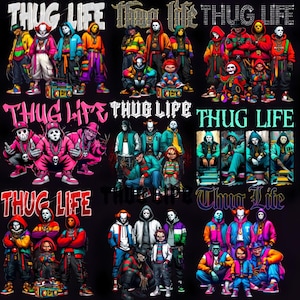Puede incluir: Una colección de diseños gráficos con el texto "THUG LIFE" en varios estilos. Las imágenes muestran grupos de personajes con atuendos coloridos, algunos con máscaras, con una radio en una imagen. El tema general es una mezcla de estilo callejero y cultura pop.