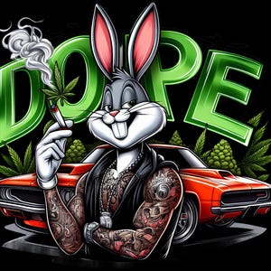 May include: A cartoon rabbit wearing a leather jacket and tattoos, holding a joint and standing in front of a red muscle car with the word "DOPE" in green letters behind it.