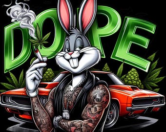Tecknad kanin som röker marijuana PNG-fil | 420 marijuanabils streetweardesign | T-shirtöverföring utskrivbar konst | Omedelbar digital nedladdning 300 DPI