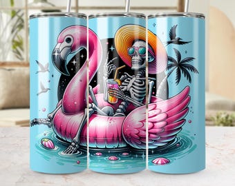 Summerween Tumbler PNG: Spooky Skeleton Flamingo Float Design (Digital Download)