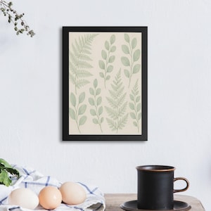 Gravuras botânicas de samambaias e eucaliptos: arte minimalista de parede com folhas verdes (download digital, 5 tamanhos)