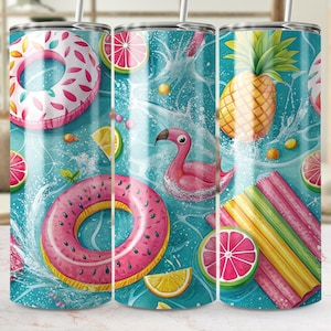 May include: Three stainless steel tumblers with a summer design. The design features a pink flamingo float, a pink donut float, a pineapple, and citrus fruit slices in water. The background is light blue.