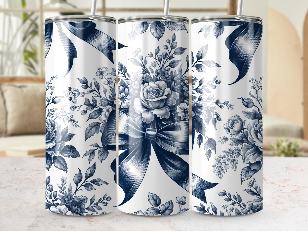 Floral Tumbler Wrap PNG: Blue Flowers, Ribbon Design (digital Download ...