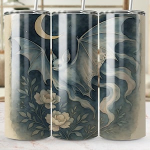 Bat and Moon Tumbler Wrap: Spooky Watercolor Floral Design (PNG Digital File)