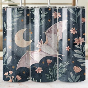 Floral Bat Tumbler Wrap PNG: Moon & Stars Watercolor (Digital Download, 20oz Straight/Tapered