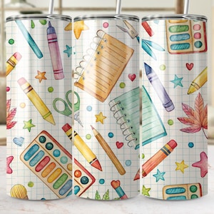 Schulzubehör 20 Unzen Tumbler PNG, Lehrer Geschenk Sublimationsdesign, Bunte Zurück zu Schul Tumbler Wrap, Gerade und Konisch PNG