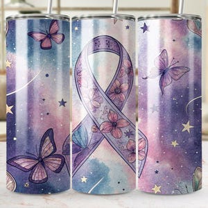 Purple Ribbon Tumbler Wrap: Cancer Awareness Butterflies Design (PNG)