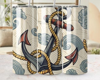 Nautical Anchor Tumbler Wrap: Sea Waves Design - 20oz PNG (Digital Download)