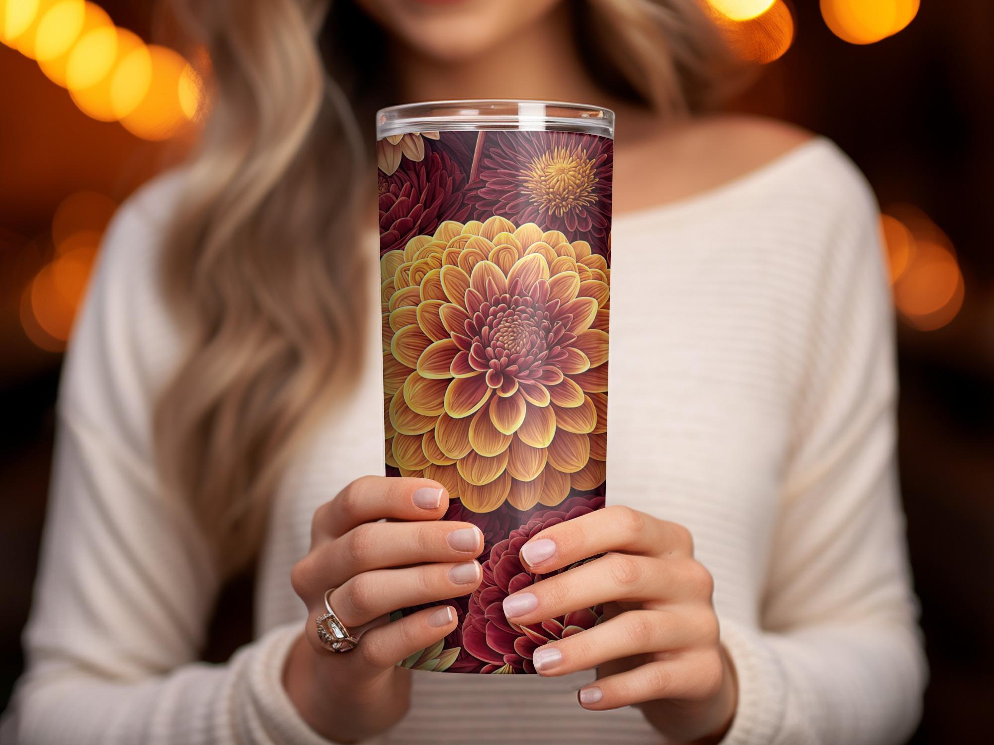 Dahlia Tumbler Wrap, Maroon Gold Floral Design (PNG Digital