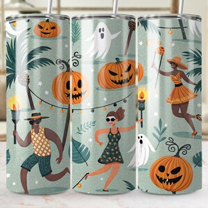 May include: A Halloween-themed tumbler with a repeating pattern of orange pumpkins, ghosts, and figures holding torches. The design includes palm trees and fairy lights on a light green background. The tumbler has a white straw.