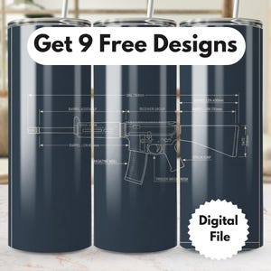 Puede incluir: Vaso aislado azul marino con un diseño de plano blanco de un arma de fuego. El vaso incluye el texto "Get 9 Free Designs" y "Digital File". El plano incluye medidas en milímetros.