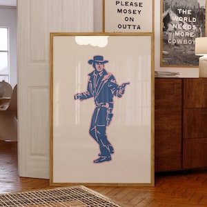 Blue & Pink Retro Cowboy Wall Art, Wild West Outlaw Western Print, Gunslinger Cowboy Print, Vintage Cowboy Printable - Digital Download