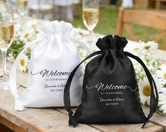 Welcome Personalized Satin Drawstring Bag, Elegant Guest Favor Bag, Welcome Gift Bag Custom Wedding Favor Pouch, Bridesmaid Proposal Gift