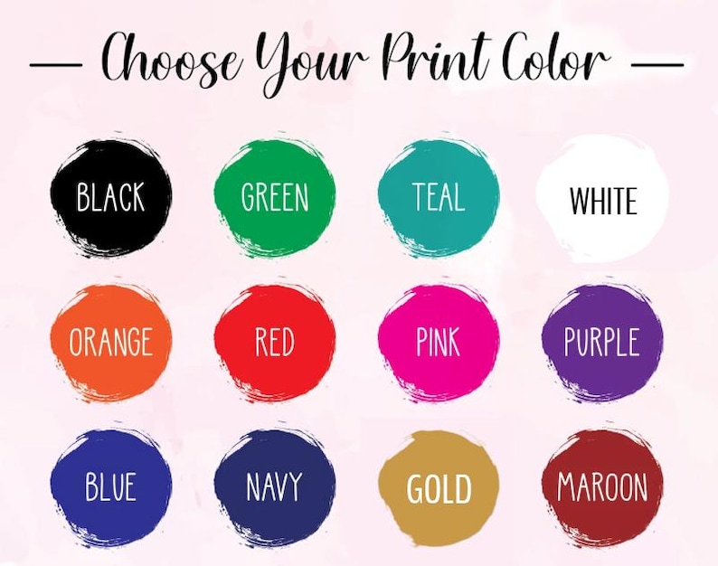Peut inclure: Image pr&eacute;sentant un nuancier avec le texte &laquo; Choisissez votre couleur d'impression &raquo;. Le tableau pr&eacute;sente douze options de couleurs : noir, vert, sarcelle, blanc, orange, rouge, rose, violet, bleu, marine, or et bordeaux, chacune dans un cercle textur&eacute;.