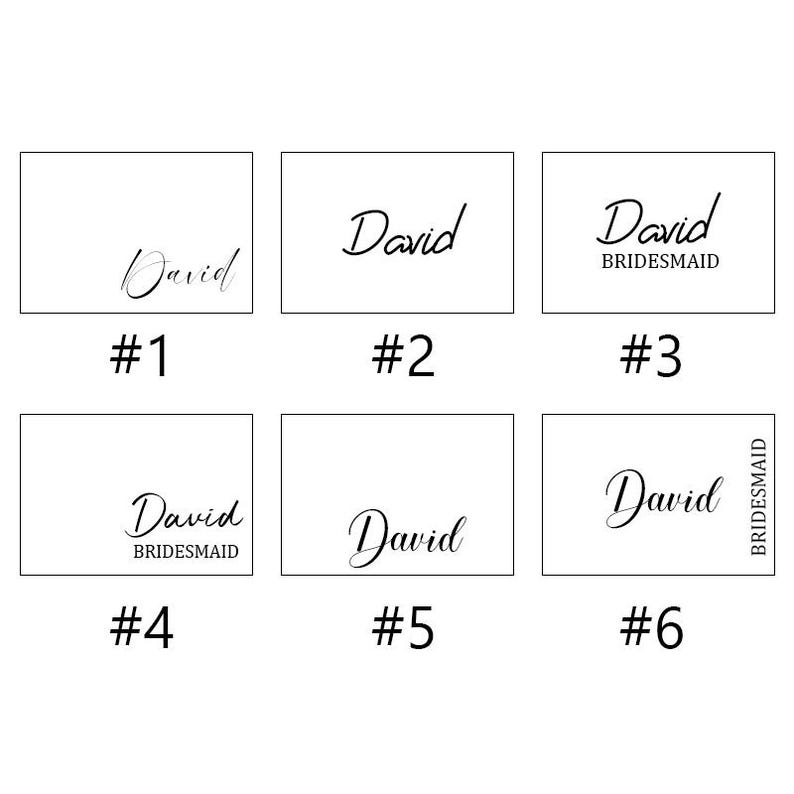 Peut inclure: Six cartons rectangulaires blancs avec le nom "David" imprim&eacute; en script noir. Certaines cartes incluent le mot "Bridesmaid". Chaque carte est num&eacute;rot&eacute;e de un &agrave; six.