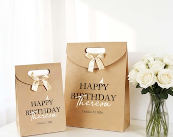 Personalized Gift Bag, Custom Birthday Party Favor Bag, Elegant Bow Detail, Birthday Present Bag For Women Friend, Birthday Gift Bags