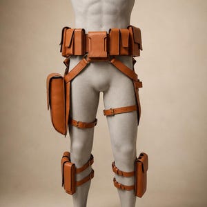 May include: A tan leather utility harness system featuring a waist belt with multiple rectangular pouches, adjustable leg straps with buckles, and additional storage pouches attached to the thigh and lower leg areas, displayed on a mannequin torso.