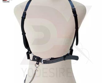 Handmade Black Leather Chain Harness: Gothic Festival Body Suspender shoulder harness