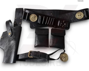 The Mandalorian Book of Boba Fett Costume Leather Belt with Waist Two Pouches Leg Gun Holster