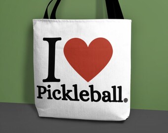 I Love Pickleball Tote Bag - Canvas Pickleball Bag with Red Heart, Court Bag with Straps, Everyday Paddle Tote - Gift for Players