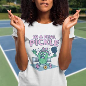 In a Real Pickle Pickleball T-Shirt for Women - Funny Cartoon Tee - Ladies Bella+Canvas Pickleball Shirt for Players and Fans