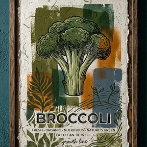 Könnte beinhalten: Ein gerahmter Druck auf strukturiertem Papier mit einer zentralen Brokkoli-Illustration über grünen, orangefarbenen und blauen Blöcken. Text: BROCCOLI, FRESH, ORGANIC, NUTRITIOUS, NATURE'S GREEN, EAT CLEAN. BE WELL., growth line, MINIMALIST KITCHEN ART | DESIGNED IN THAILAND.