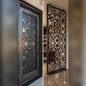 May include: A dark metal door and decorative room divider featuring intricate, symmetrical cut-out patterns. The door has a rectangular glass panel with the same design. The divider stands vertically, showcasing the openwork design against a lighter background.