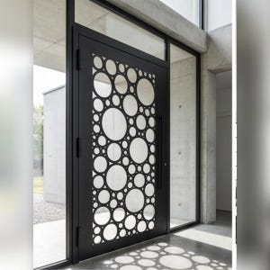 Peut inclure: Une porte en métal noir présentant un motif découpé composé de cercles de tailles variées. La porte est encadrée par de grands panneaux vitrés et comprend une poignée verticale, laissant passer la lumière qui projette des ombres circulaires.