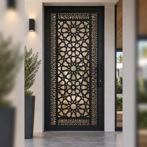 Peut inclure: Une porte en métal noir présentant un motif géométrique complexe découpé au laser avec des étoiles et un cadre rectangulaire vertical. La porte comprend une longue poignée noire fine et un mécanisme de verrouillage assorti sur un mur clair.