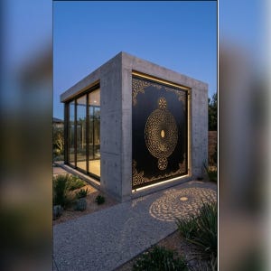 Peut inclure: Vue extérieure d'un bâtiment moderne en béton avec un grand panneau décoratif noir. Le panneau présente un motif circulaire doré avec des motifs découpés complexes. Le bâtiment a de grandes fenêtres en verre.