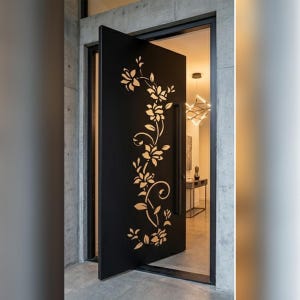 Op de afbeelding: Een zwarte voordeur met een bloemenontwerp uitgesneden in het oppervlak. De deur staat een beetje open en onthult een glimp van het interieur. Het bloemmotief is in een lichtere kleur, wat een contrast creëert met de donkere deur.