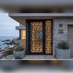 Peut inclure: Une porte d'entrée en métal noir présentant un motif décoratif découpé au laser composé de cercles de tailles variées. La porte comprend un panneau latéral assorti avec le même motif circulaire. Le numéro 136 est fixé sur le mur en pierre gris clair.