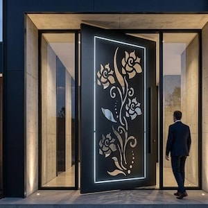 Peut inclure: Une grande porte pivotante noir mat présentant un motif découpé vertical de trois roses stylisées avec tiges et feuilles. La découpe est rétroéclairée par une lumière blanche vive, créant un cadre rectangulaire lumineux autour du motif floral.