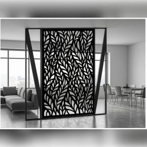 Peut inclure: Cloison de séparation noire avec un motif de feuilles. La cloison est en métal et sert à séparer un salon d'une salle à manger. La cloison est encadrée en noir et présente un design moderne.