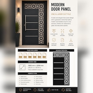 May include: A digital file for a modern door panel featuring a black rectangular door with a vertical geometric lattice pattern on the right side and four horizontal silver bars. The design size is 1000 mm by 2000 mm, or 39.37 in by 78.74 in.