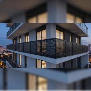 Peut inclure: Un immeuble résidentiel à plusieurs étages avec des garde-corps de balcon en métal noir dotés d'un motif circulaire perforé. La structure présente des dalles de sol en béton blanc et des sections murales gris foncé avec des fenêtres vitrées.