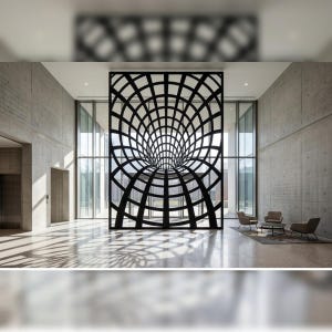 Peut inclure: Un grand écran métallique rectangulaire noir présentant un motif de grille géométrique qui crée une illusion d'optique tridimensionnelle d'un tunnel profond et fuyant. La structure est placée dans un hall ouvert et lumineux.