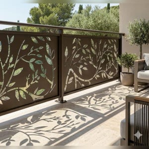 Può includere: Una ringhiera per balconi in metallo marrone con un design a foglie ritagliate. La ringhiera fa parte di un balcone con pavimento in pietra e vista sugli alberi. Il design proietta ombre a forma di foglia sul pavimento.