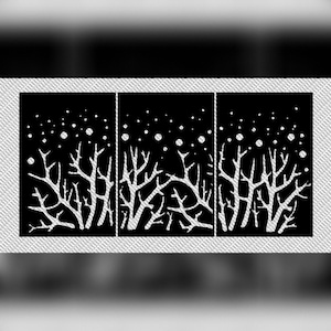 May include: A three-panel wall art piece featuring a black background with a white tree branch design. The branches reach upwards, and white dots are scattered across the top, resembling falling snow. The artwork is a decorative home accent.