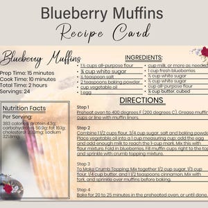 Blueberry Muffin Recipe Card, BlueBerry Recipe Card ,Printable in 5 Sizes A4, US Letter, 5x7, 6x4, 7x5,a4 recipe card,digital muffin book