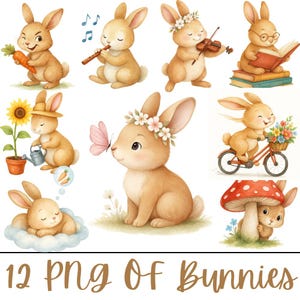 Cute Bunny Clipart PNG Watercolor Bunnies with Flowers Baby Shower & Nursery Art Floral Bunny Rabbits Download 300 DPI PNG Set