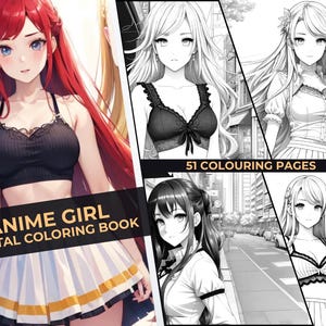 Anime Cute Girls 51 Page Cute Manga Fantasy Greyscale Coloring Book, Coloring Pages for Children & Adults Instant Download Printable PDF