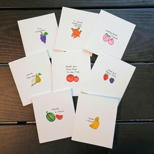 8 cartes originales (non imprimées) - faites main, jeu de cartes de remerciement dessinées à la main, fruit rigolo